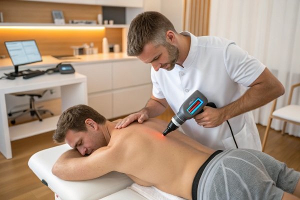 Therapist using shockwave device on patient’s back in clinic (ID#1)