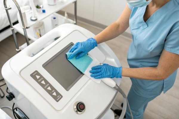 Therapist in gloves sanitizing the control screen of a beauty machine (ID#1)