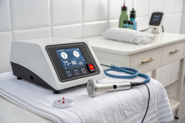 Stoßwellentherapiegerät bereit auf dem Behandlungstisch der Klinik (ID#1)