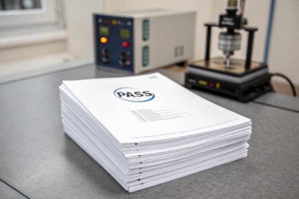 صورة شركة بسيطة تظهر كومة من تقارير اختبار المصنع المختومة وعليها ختم "اجتياز" (ID#2)