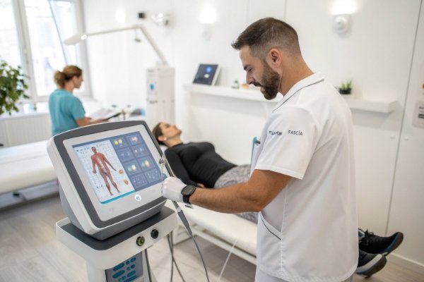 معالج يشغل جهاز العلاج بالموجات الصدمية المسبق لعلاج المريض (ID#2)