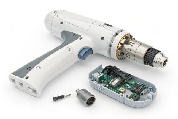 Exploded view of a shockwave handpiece showing internal engineering and circuits (ID#3)