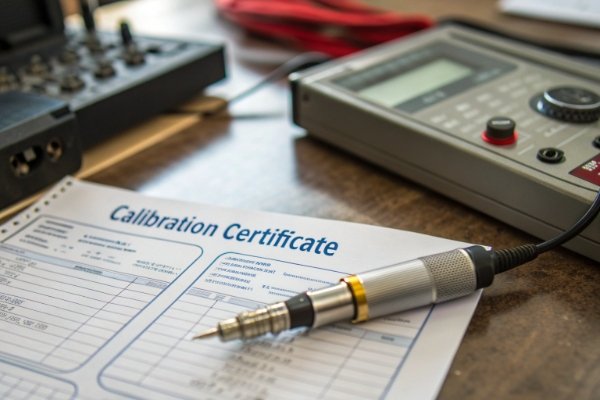 لقطة مقربة جداً لشهادة معايرة مع مسبار وأدوات قياس (ID#3)