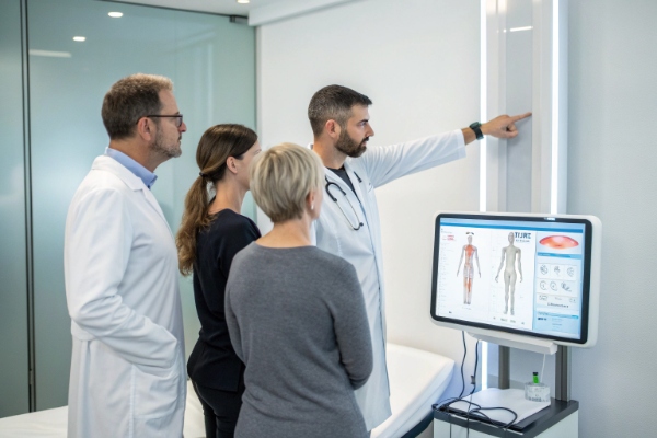 Équipe médicale examinant un protocole de traitement corporel sur l'écran d'un appareil (ID#3)