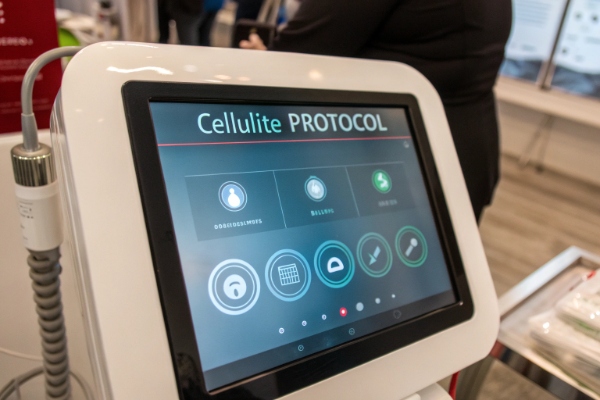Touchscreen des Stoßwellengeräts zeigt Einstellungen für Cellulite-Protokoll (ID#3)