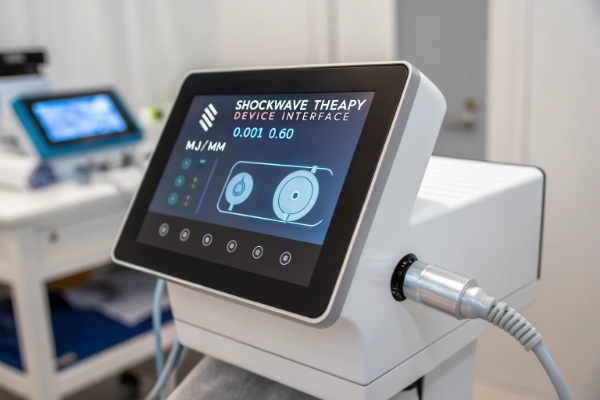 Nahaufnahme des Bildschirms eines modernen Stoßwellentherapiegeräts (ID#3)