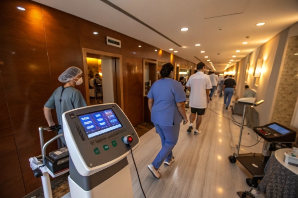 Krankenschwestern gehen an mobilen ästhetischen Geräten in einem belebten Klinikflur vorbei (ID#4)