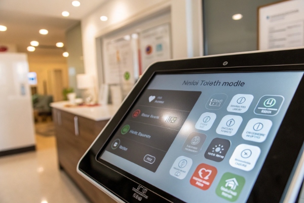 Touchscreen interface showing therapy controls in modern clinic (ID#4)