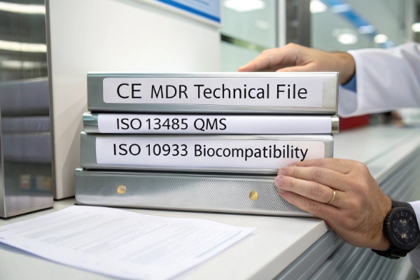 Gestapelte CE MDR-, ISO 13485- und ISO 10993-Konformitätsordner im Labor (ID#4)