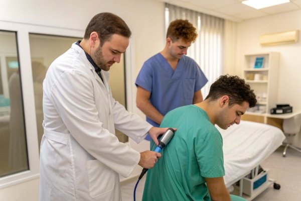 Physician using a handpiece on a patient's back in a clinic setting (ID#4)