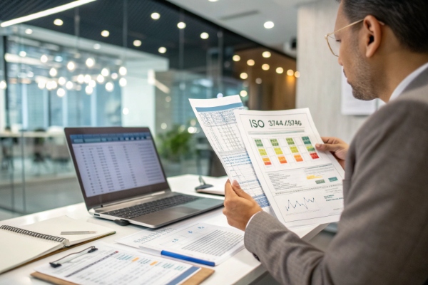 Qualitätsmanager prüft ISO-Konformitätsberichte für die Herstellung von Schönheitsgeräten (ID#4)