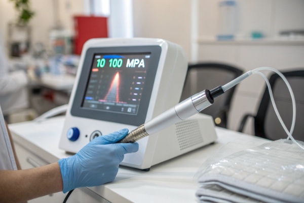 Technician holding shockwave therapy handpiece during operation test (ID#4)
