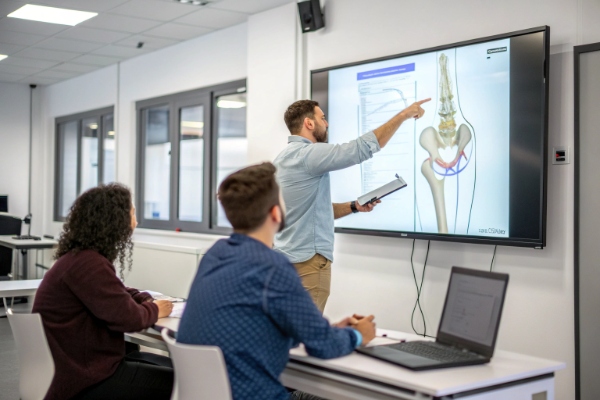 Formateur pointant vers un affichage numérique de l'anatomie lors d'une session de formation sur un appareil médical (ID#5)