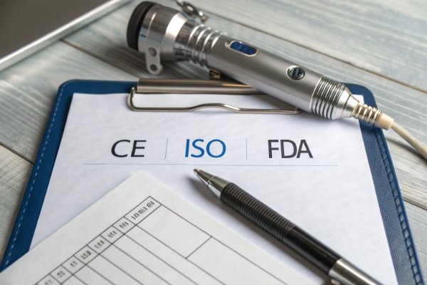 لقطة مقربة لوثائق الامتثال CE ISO FDA موضوعة على لوحة بجانب قطعة يد (ID#5)
