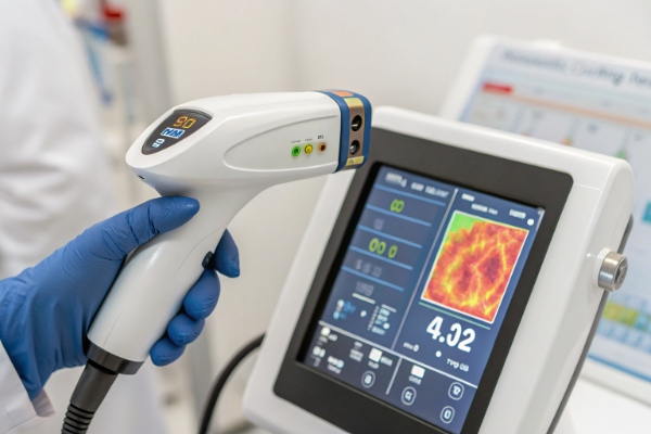 Handpiece displaying real-time temperature and energy output during treatment (ID#5)
