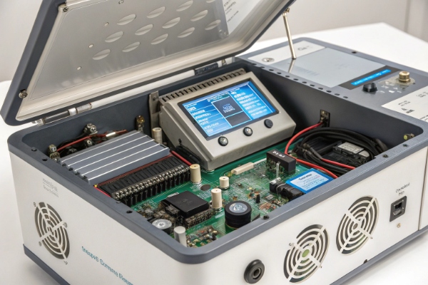 Offenes elektronisches Gehäuse mit Steuerplatinen und Lüftern des Stoßwellengeräts (ID#5)