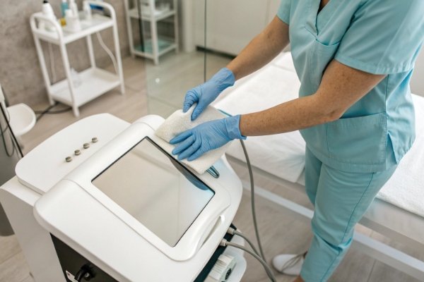 Therapist maintaining the large touch screen of a high-end KMSLASER machine (ID#5)