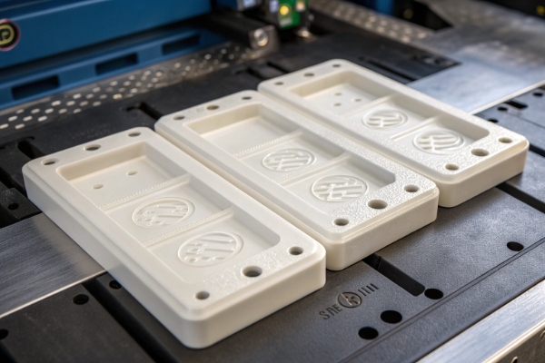 Gros plan de trois pièces moulées en plastique blanc pour les boîtiers de machines de beauté B2B (ID#1)