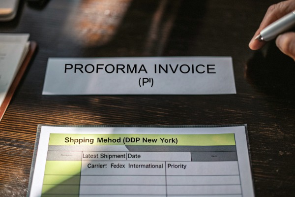 Close-up of proforma invoice document on table (ID#2)