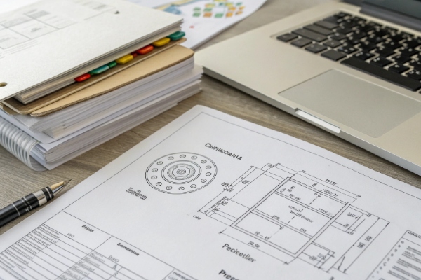 Flat lay of technical blueprint and stacked binders showing supplier QC documentation (ID#2) Supplier QC documentation