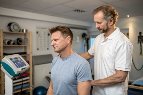 Physiotherapist examining a male patient's back and neck for pain assessment (ID#2)