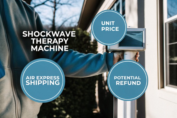 Man holding shockwave therapy machine with info bubbles (ID#3)