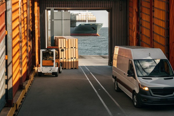 Forklift and van near shipping containers (ID#3)