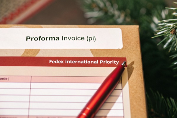 Proforma invoice with red pen on package (ID#3)