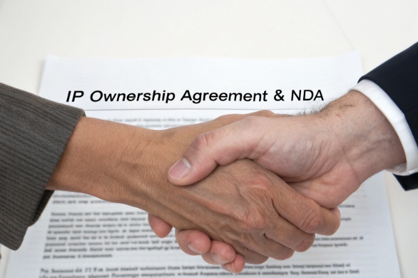 NDA and IP agreement Close-up of a B2B handshake over an IP ownership and NDA agreement document (ID#3)