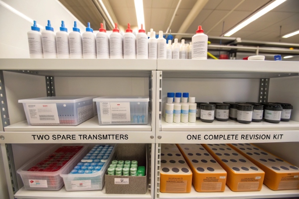 Étagères de clinique organisées avec des émetteurs de rechange et des kits de révision complets (ID#3)