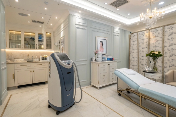 High-end treatment room with KMSLASER device, premium aesthetic and marble flooring for salons (ID#3)