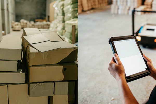 Side-by-side shipping scenario comparison with boxes and tablet (ID#4)
