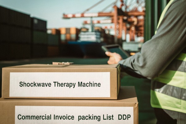 Shipping details Boxes labeled shockwave therapy machine at shipping dock (ID#4)