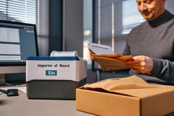 Person handling delivery documents at desk (ID#4)