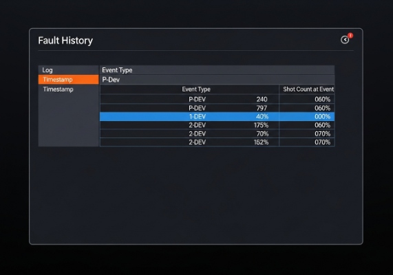Device Fault History Log Fault History screen showing P-DEV and 1-DEV pressure log event data (ID#4)