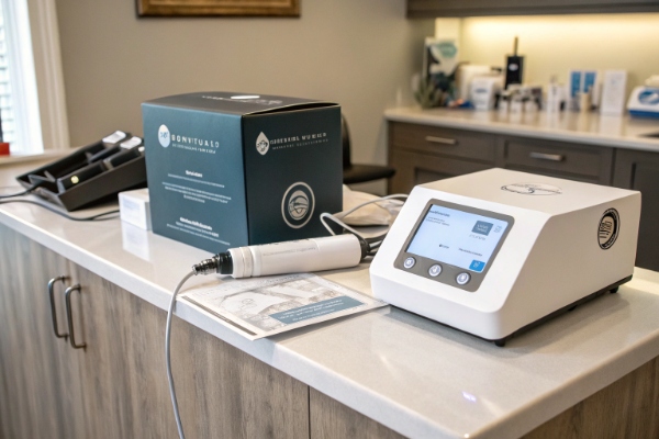 Machine de beauté de clinique moderne Console et applicateur d'appareil de beauté sur un comptoir dans une clinique moderne et bien éclairée (ID#4)