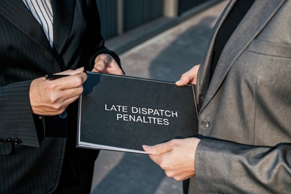 Two people discussing late dispatch penalties document (ID#5)