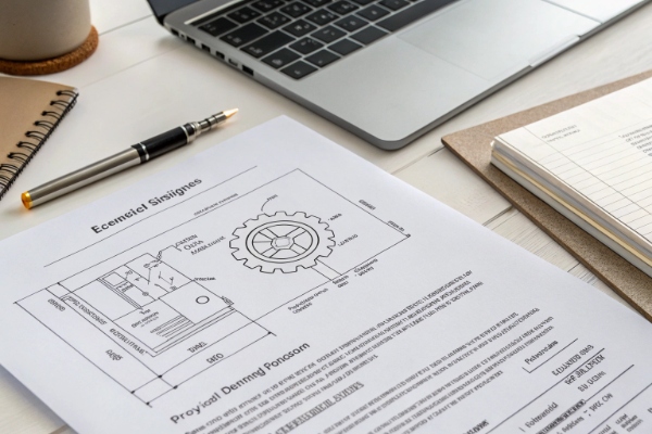 Product engineering blueprint Flat lay of technical engineering design blueprint on a desk with a pen and laptop (ID#5)