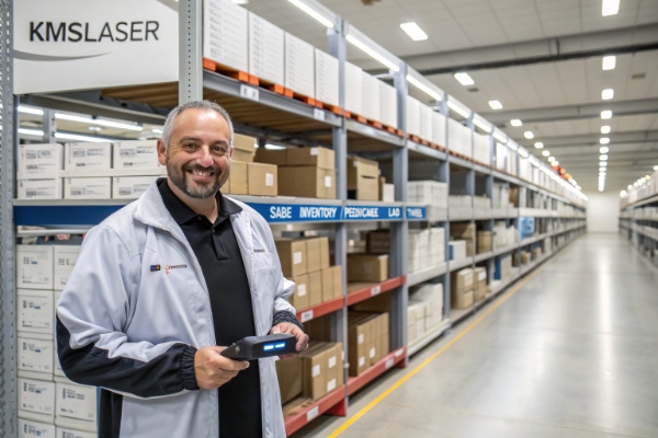 Professionnel KMSLASER souriant dans un entrepôt logistique et de stockage bien organisé (ID#5)