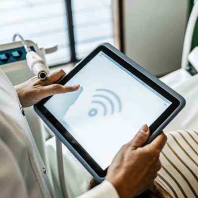 Personne tenant une tablette avec un symbole wifi (ID#2)