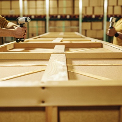 Ouvriers assemblant une caisse en bois dans un entrepôt (ID#4)