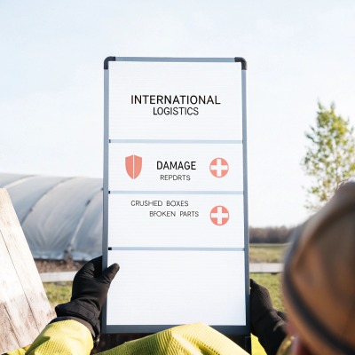 Personne tenant un tableau de rapport de dommages logistiques (ID#5)