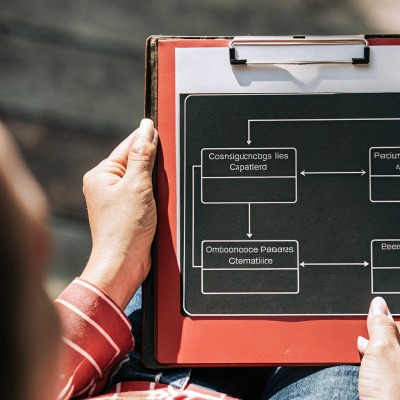 Person holding clipboard with flowchart (ID#5)