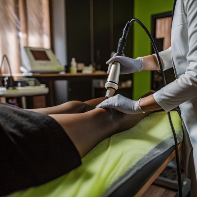Sesión de terapia de piernas Terapeuta usando dispositivo de mano en la pierna del paciente (ID#4)