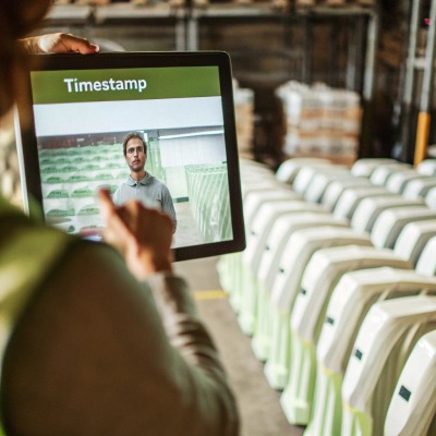 Person hält Tablet mit Zeitstempel im Lager (ID#2)