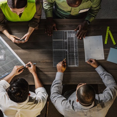 Gruppe arbeitet an architektonischen Plänen auf einem Tisch zusammen (ID#5)