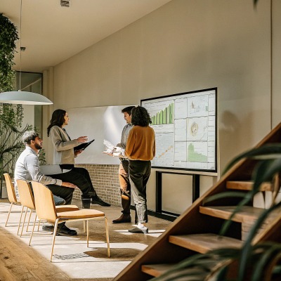Team-Meeting mit Diagrammen und Grafiken auf dem Bildschirm (ID#4)