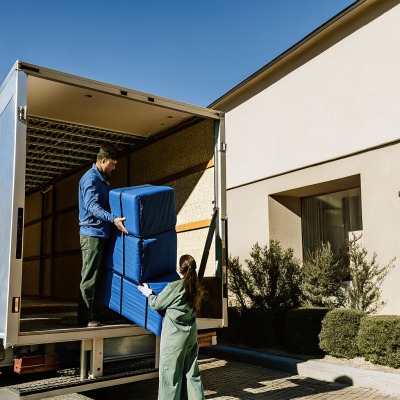 Arbeiter entladen große Kisten vom LKW (ID#5)