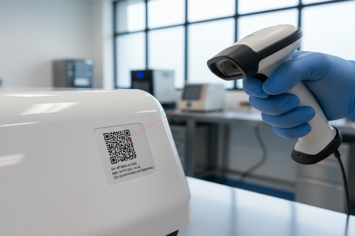 Etiketten für Stoßwellentherapiegeräte mit FDA UDI-Träger-Barcodes und Geräte-Identifikatoren zur Einhaltung der Vorschriften (ID#2)