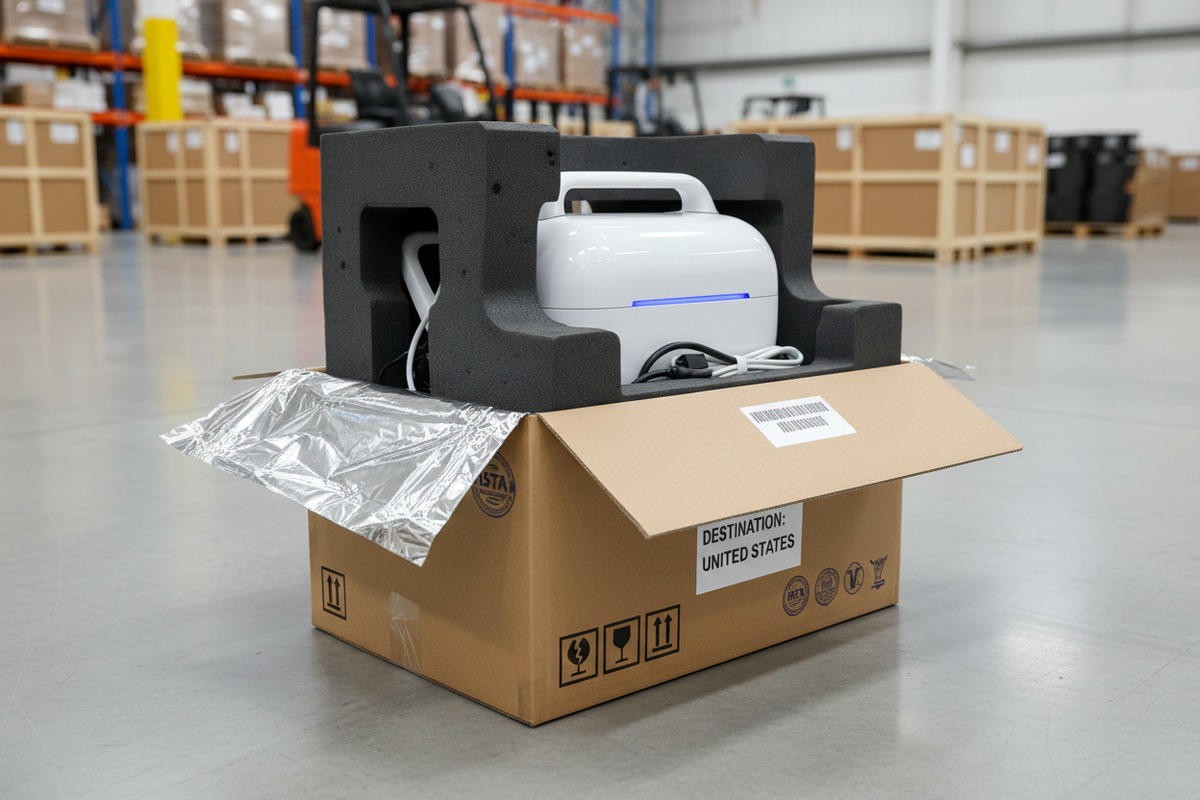 Verpackung von Stoßwellengeräten nach ISTA-Standards mit Polsterung und Feuchtigkeitssperren für sicheren Transport (ID#3)